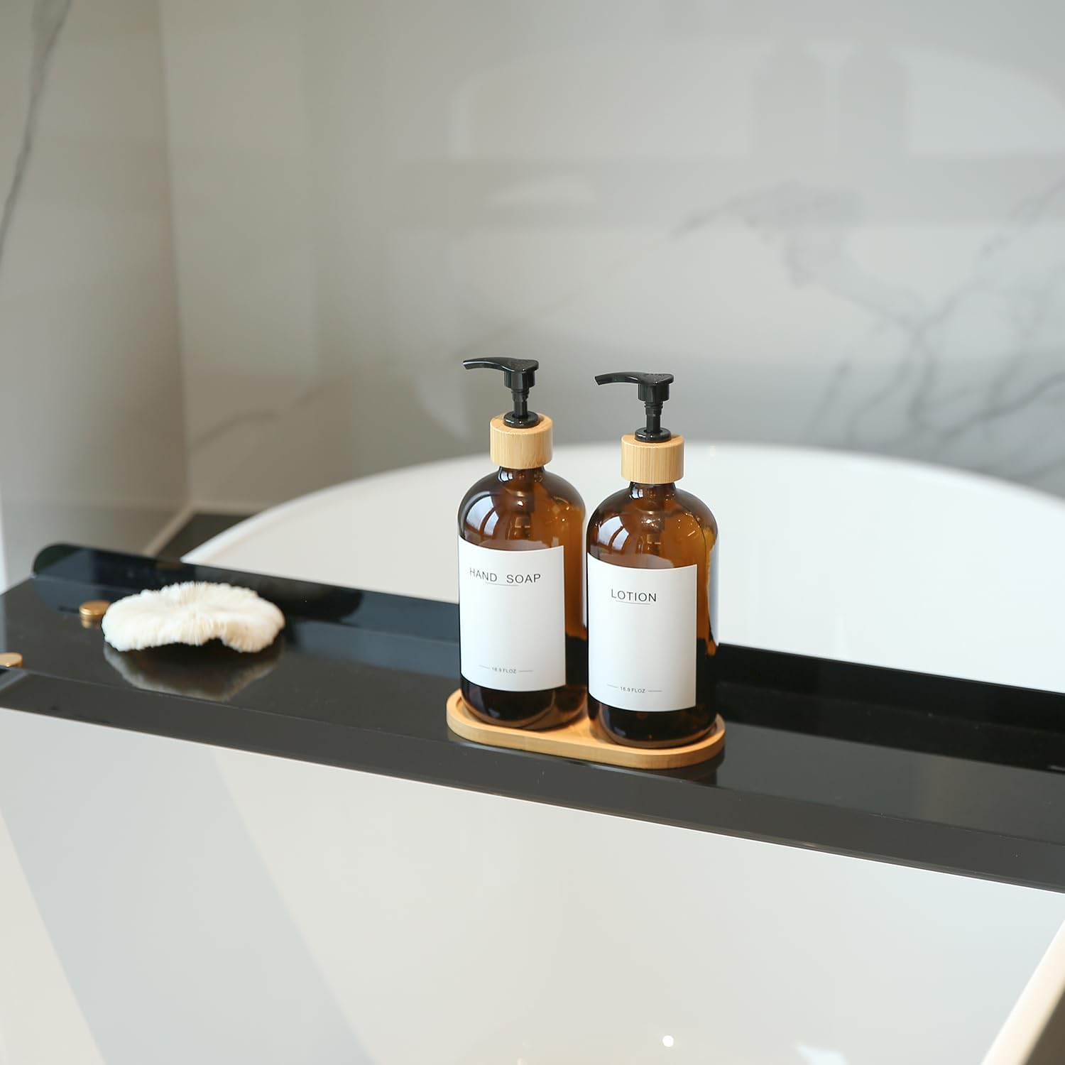 Amber Glass Soap Dispenser with Bamboo Pumps&Tray&Labels, Hand Dispenser, Lotion Dispenser, Dish Soap Dispenser for Kitchen Sink. (Amber) - Image 5