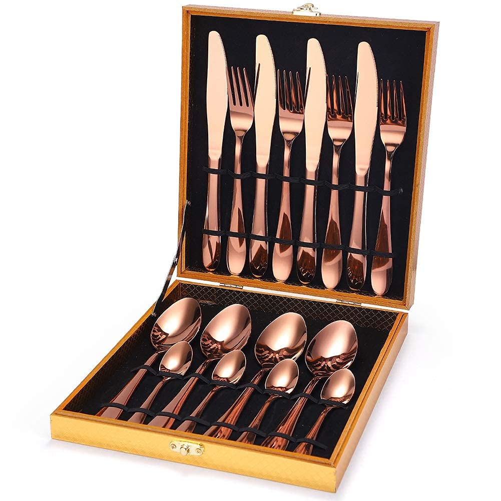 Ménagère en Acier Inoxydable, 16 pièces, 4 Couverts, Comprenant Un Couteau, Une Fourchette et Une cuillère à café (Or Rose)