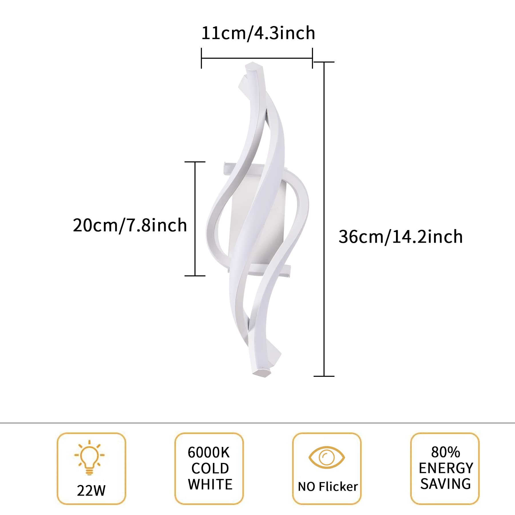 Applique da Parete Interno,22W LED Luce Bianco Freddo 6000K 1800 Lumen Lampada da Parete,Moderno Design Curvo Lampade a Muro,Aplique Alluminio per Bagno Soggiorno Camera da Letto Scale Corridoio