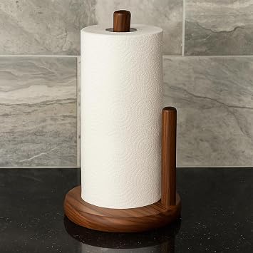 Wooden Paper Towel Holder, Standing Counter Top Design, Rosewood Brown, Round Base with Double Posts