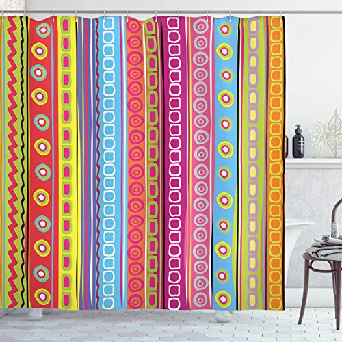 ABAKUHAUS Rayé Rideau de Douche, 90 Art Retro Ethnique, Tissu Ensemble de Décor de Salle de Bain avec Crochets, 175 cm x 200 cm, Multicolore