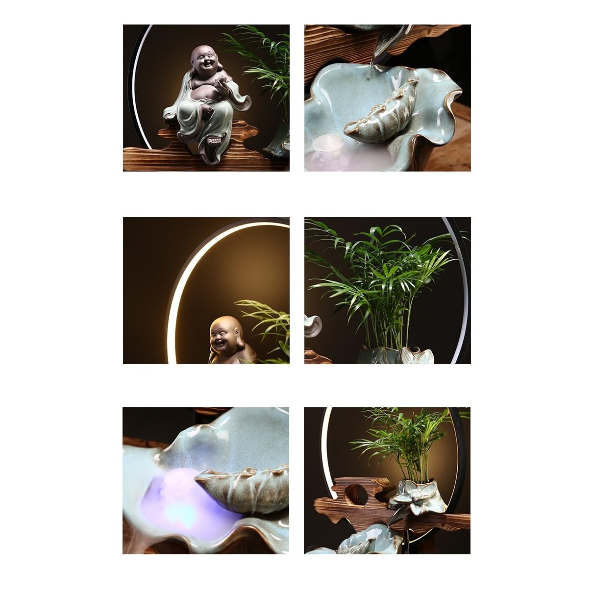 Fuente decorativa de jardín, fuente de agua con cascada, de cerámica, con iluminación LED, función humidificadora, quemador de incienso, Feng Shui Zen, decoración para salón, dormitorio, oficina