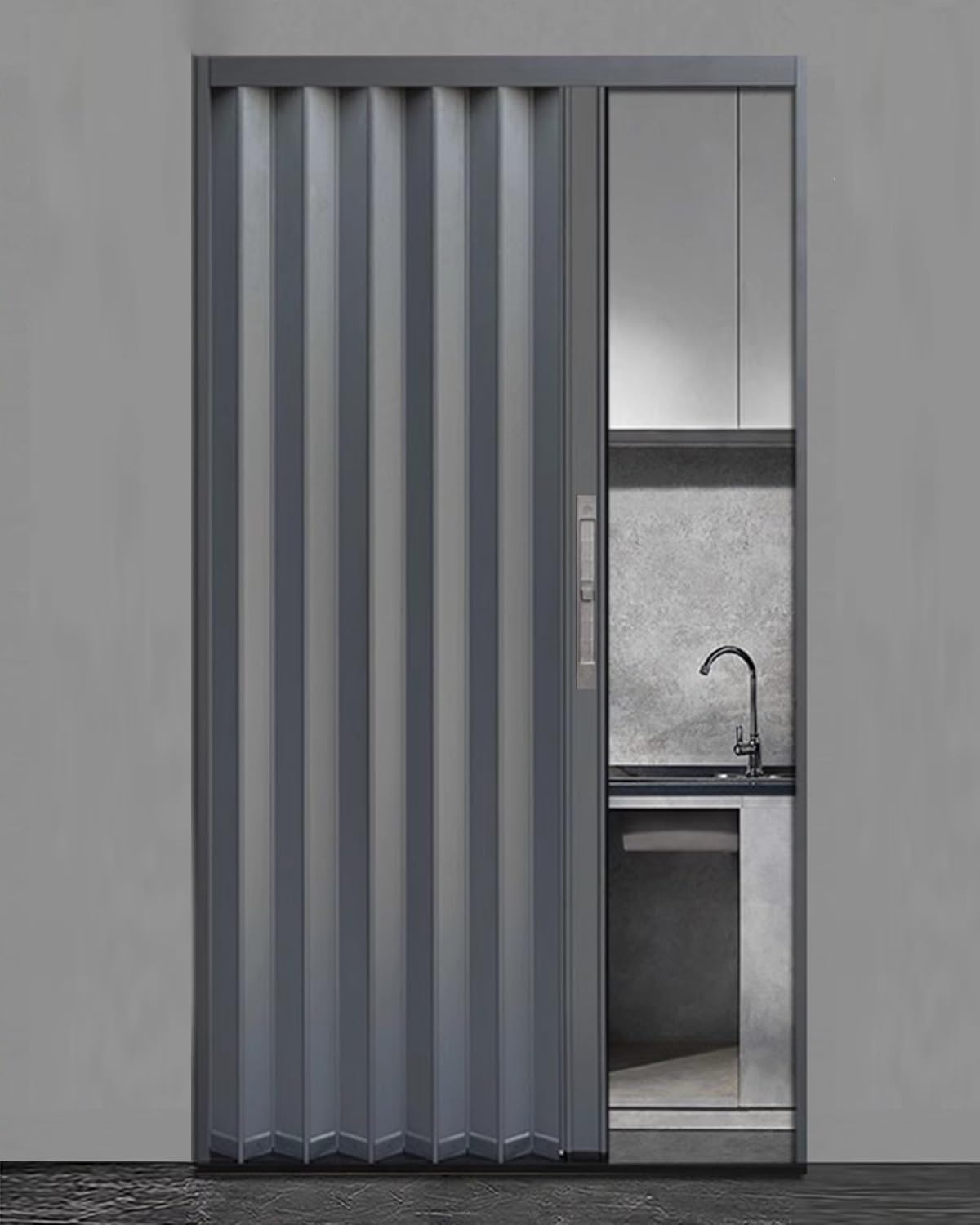 Custom Gray Aluminum Accordion Folding Door, 80" High Magnetic Interior Door with Lock, Ideal for Bedroom, Closet, Basement, Garage - Fits 29.5"x80" Opening