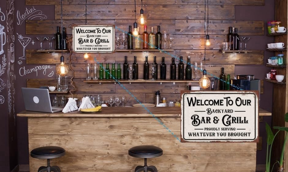 Vintage Metal Tin Sign, Funny Sarcastic Party Wall Art Decor, "Welcome to Our Backyard Bar" Plaque, 8x12 Inch Wall Decor for Home Bars, Pubs, Outdoors, Man Dens and Pool Areas