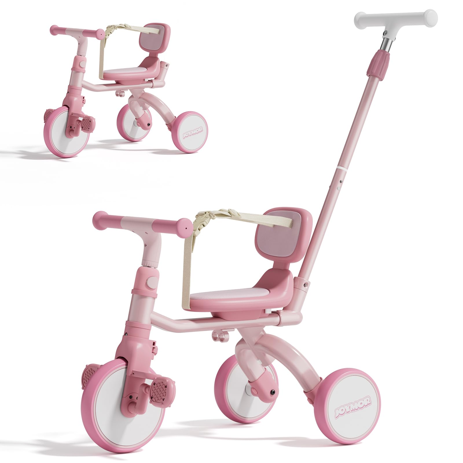 Bonnlo Dreirad mit Schubstange, 5 in 1 Laufrad Dreirad für Kinder, Kinderfahrrad ab 1 Jahr bis 25kg, Baby-Dreirad Rosa