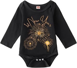 Unisex Baby 1st New Year Romper Newborn Boy Girl Fireworks Print Long Sleeve Bodysuit for 0-18 Months