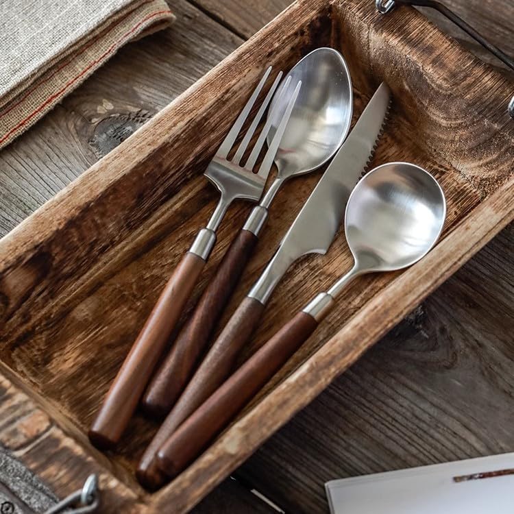Walnut Wooden Silverware Set Flatware Set for 4 Exquisite Ergonomic Wood Handle Utensil Sets 18 10 Stainless Steel Cutlery Sets Include Fork Knife Spoon Matte Tableware,Dishwasher Safe
