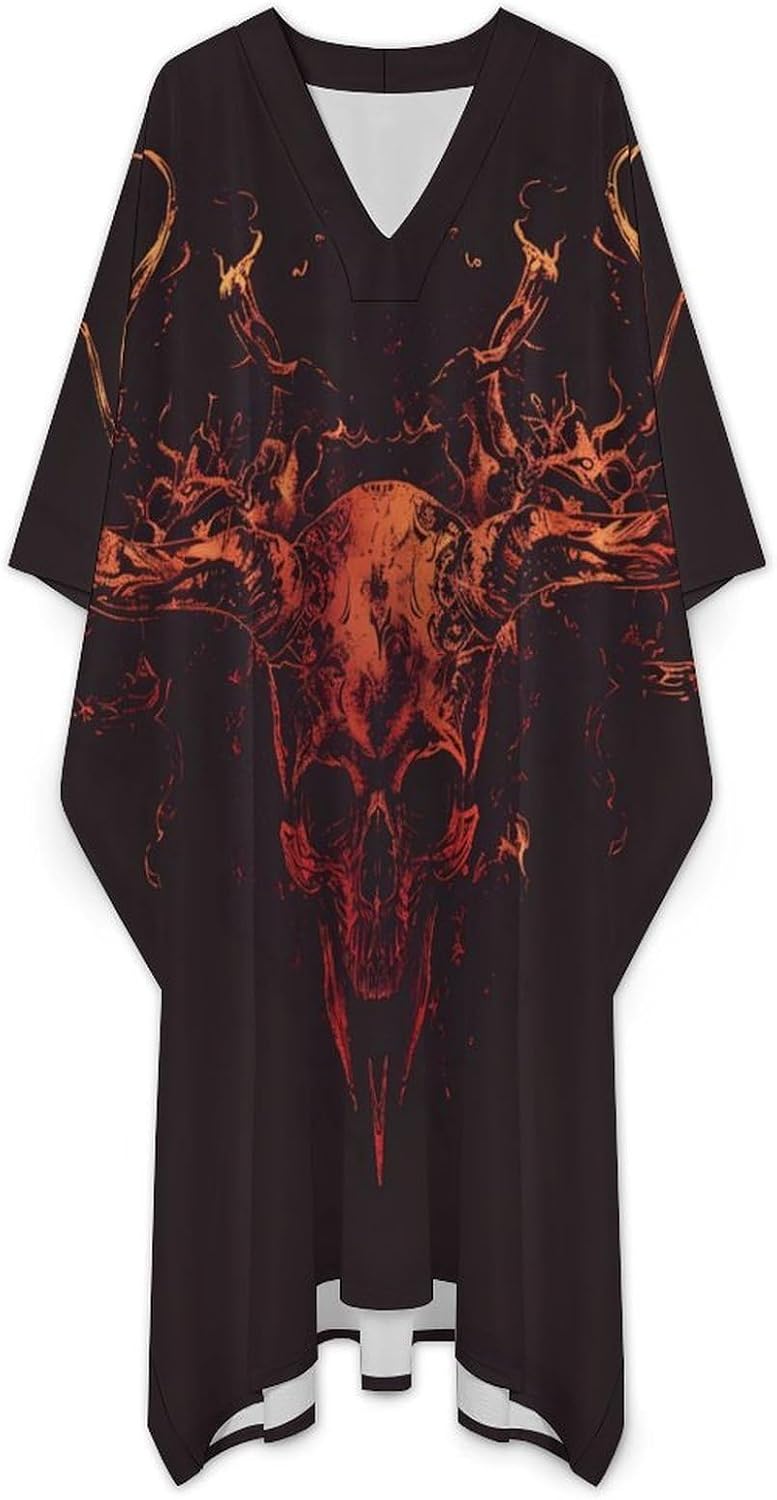 Flame Heavy Metal Skull Men's Kaftan Thobe V-Neck Long Gown Loose Robe