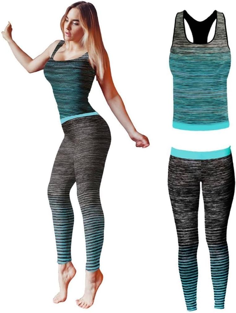 Womens Sportswear Wear / Vest or Crop Top & Leggings ( 2 Piece Set Top & leggings ) Stretch-Fit Yoga Gym Wear Set (Aqua Vest Top)