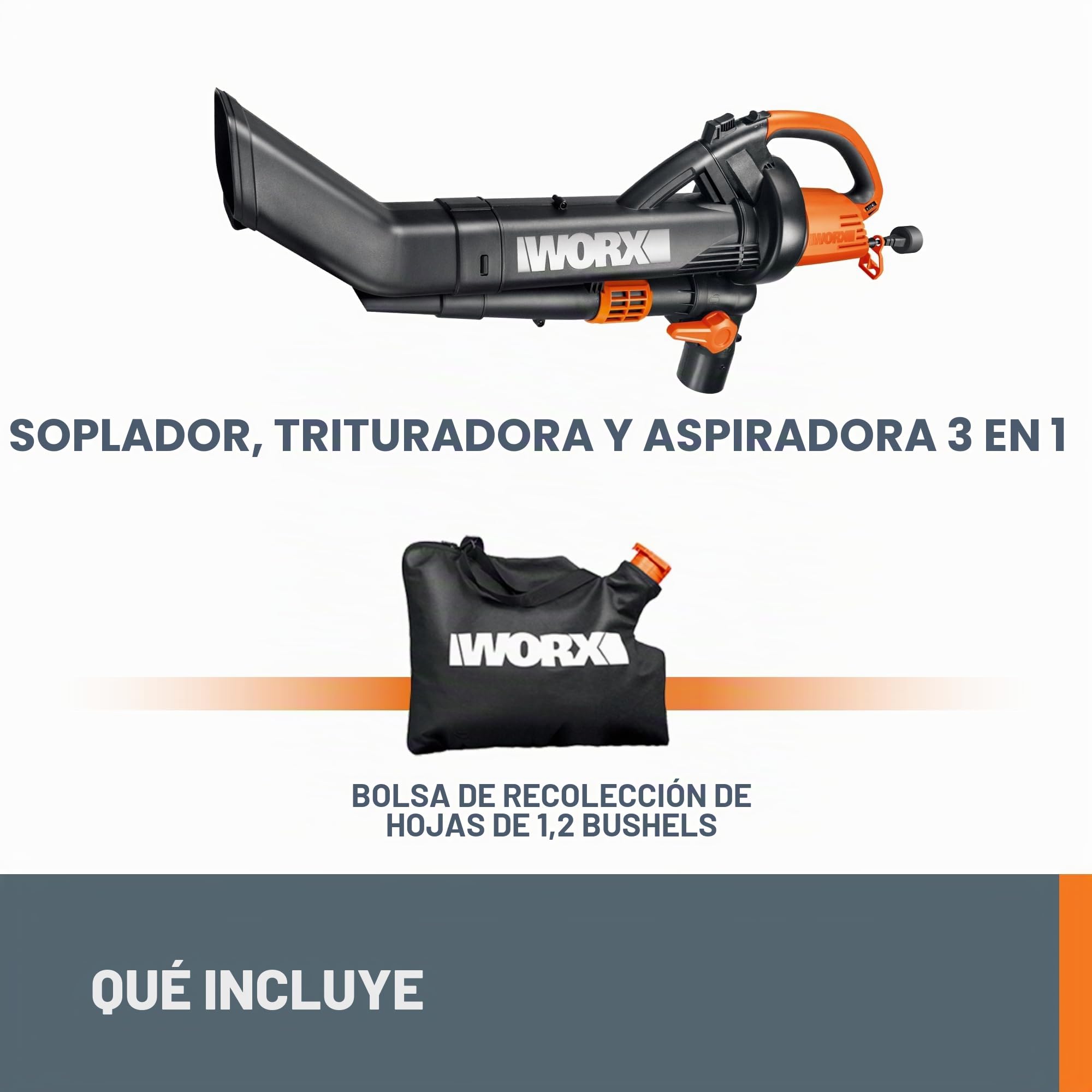 WORX Soplador/triturador/aspiradora eléctrica TriVac WG509 | Flujo de aire de 350 CFM y 210 MPH, relación de mantillo 18:1 para una eliminación eficiente de las hojas, con cable