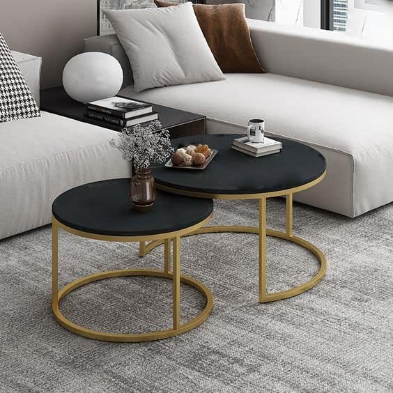 Brown Art SHOPPEE Home Décor Furniture Round Coffee Table Sets,2 Piece MDF Top Couch Table,Stacking Nesting Table with Iron Frame for Living Room Living Room or Lounge (Gold & Black) 2