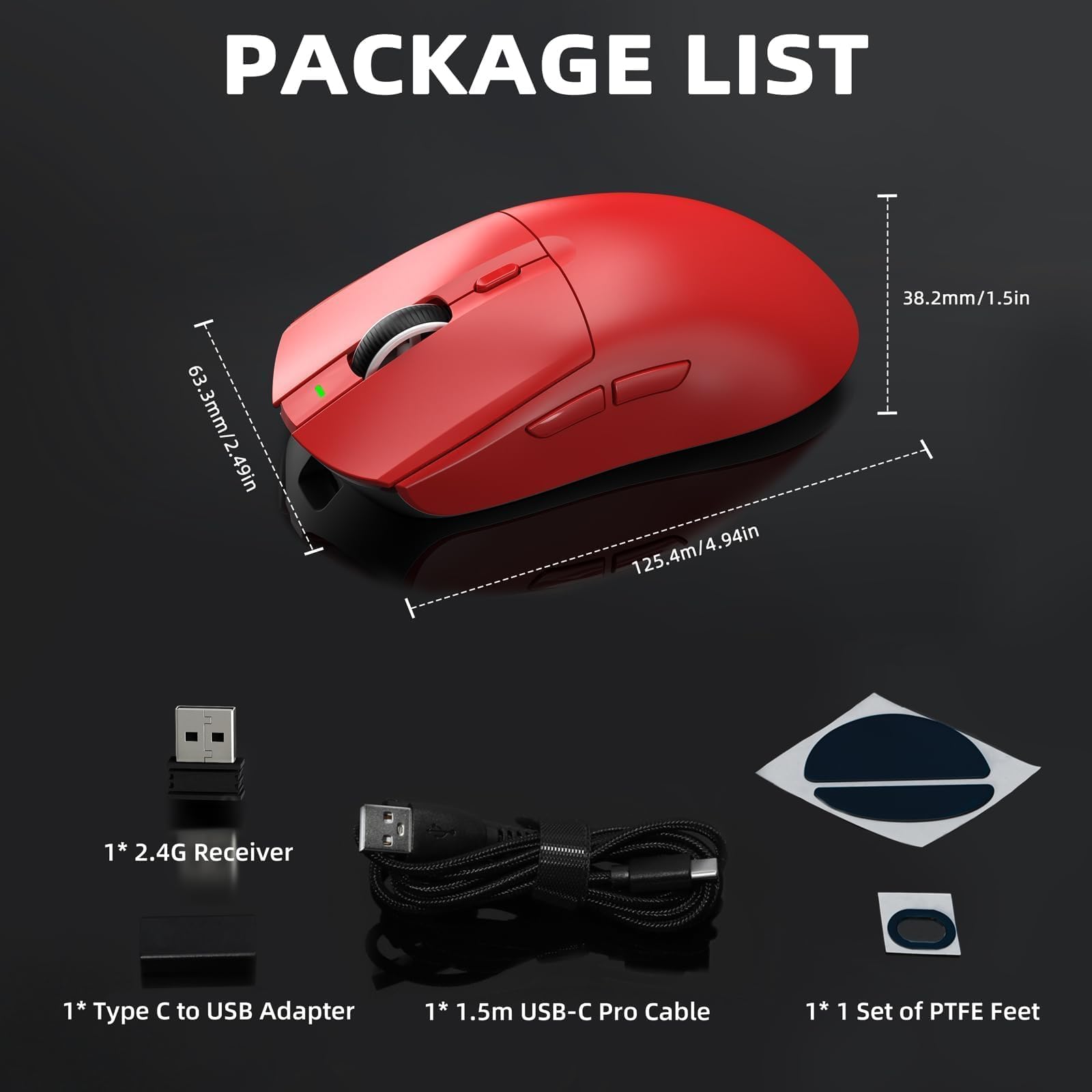 AJ139 PRO Mouse da Gioco Wireless, Mouse Leggero 59g, Sensore Ottico PixArt PAW3395, 26K DPI, Modalità Duale 2.4G / Cablato, Batteria 200 Ore, 6 Pulsanti Programmabili, per Win/Mac - Rosso