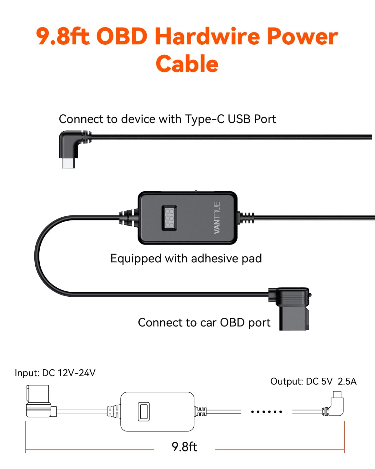 Diagram of VANTRUE OBD Hardwire Cable components and dimensions