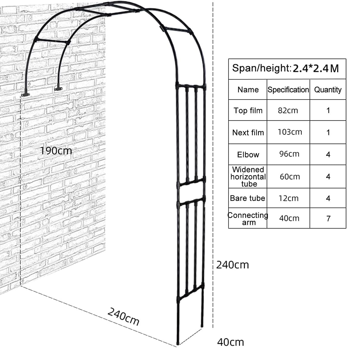 Garden Arches Black Outdoor Metal Garden Arch Frame Rose Flower Arch Frame Plant Climbing Archway Iron Weather-Proof Support Decoration for Wedding Garden (White 240x40x240cm)