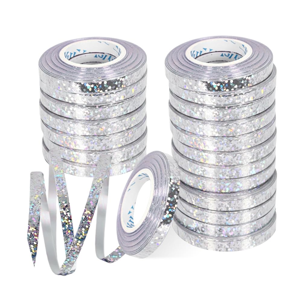 20 PCS Stelle Filanti Colorate 10 M X 5 MM,Nastro Glitterato per Decorazione,HMCEY Nastro per Pacchi Regalo,Nastri Confezione Regalo per Palloncini per Carnevale, Artigianato, Matrimonio - Argento