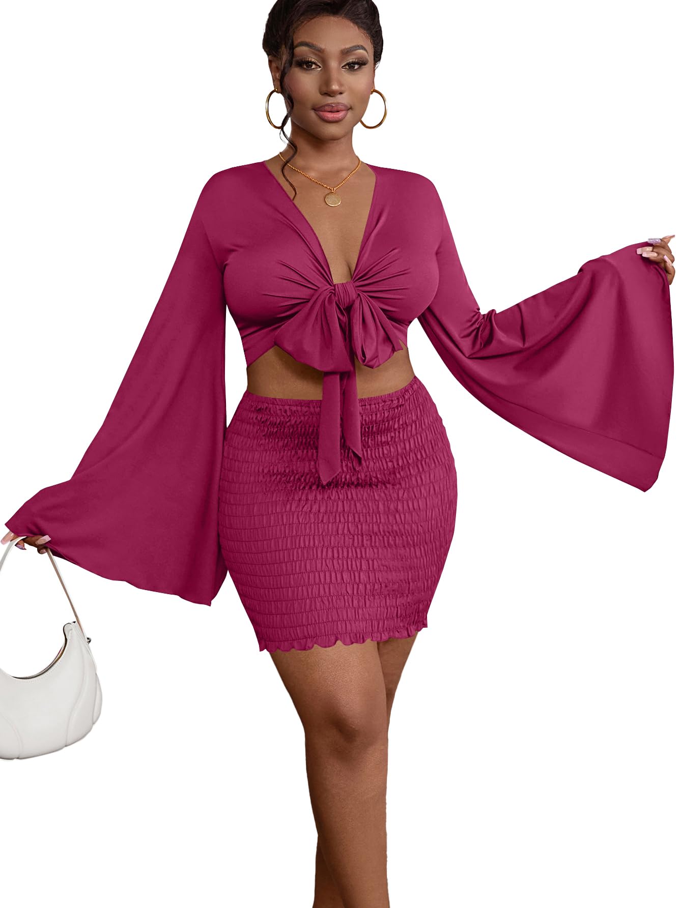 LYANER Women 2 Piece Vacation Outfits Tie Knot Front Bell Long Sleeve Crop Top and Mini Skirt Summer Set