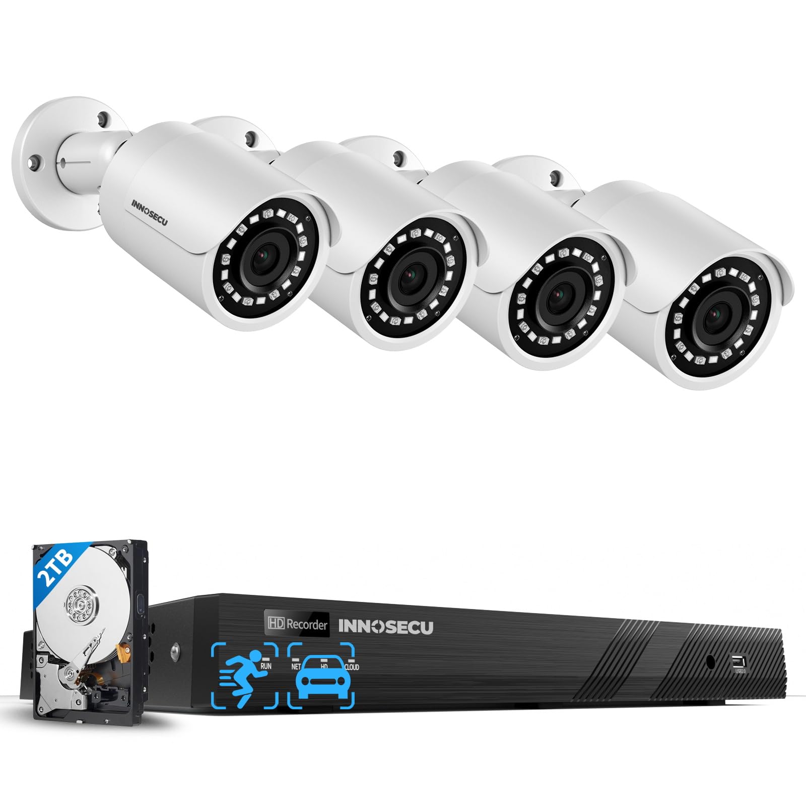 INNOSECU 4MP Outdoor Security IP Cameras (4×INB4FR37F) Bundled with an 16CH PoE NVR with 2TB HDD (IN216P16C-2T) Form a Plug-and-Play PoE Camera Security System Featuring AI Detection