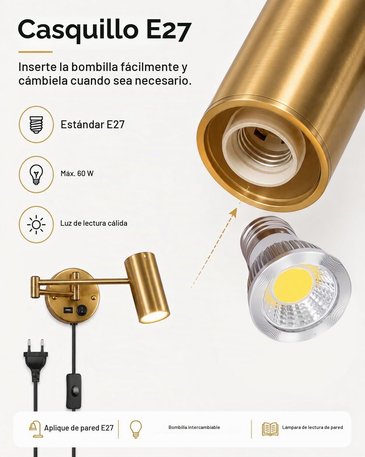 Aplique de Pared Dorado E27 con Enchufe, USB y Lectura