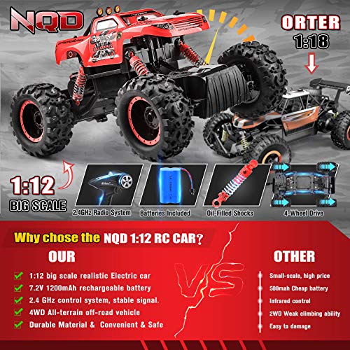Remote Control Trucks Monster RC Car 1: 12 Scale Off Road Vehicle 2.4Ghz Radio Remote Control Car 4WD High Speed Racing All Terrain Climbing Car Toys Car Gift for Boys （Red） - Thumbnail 2