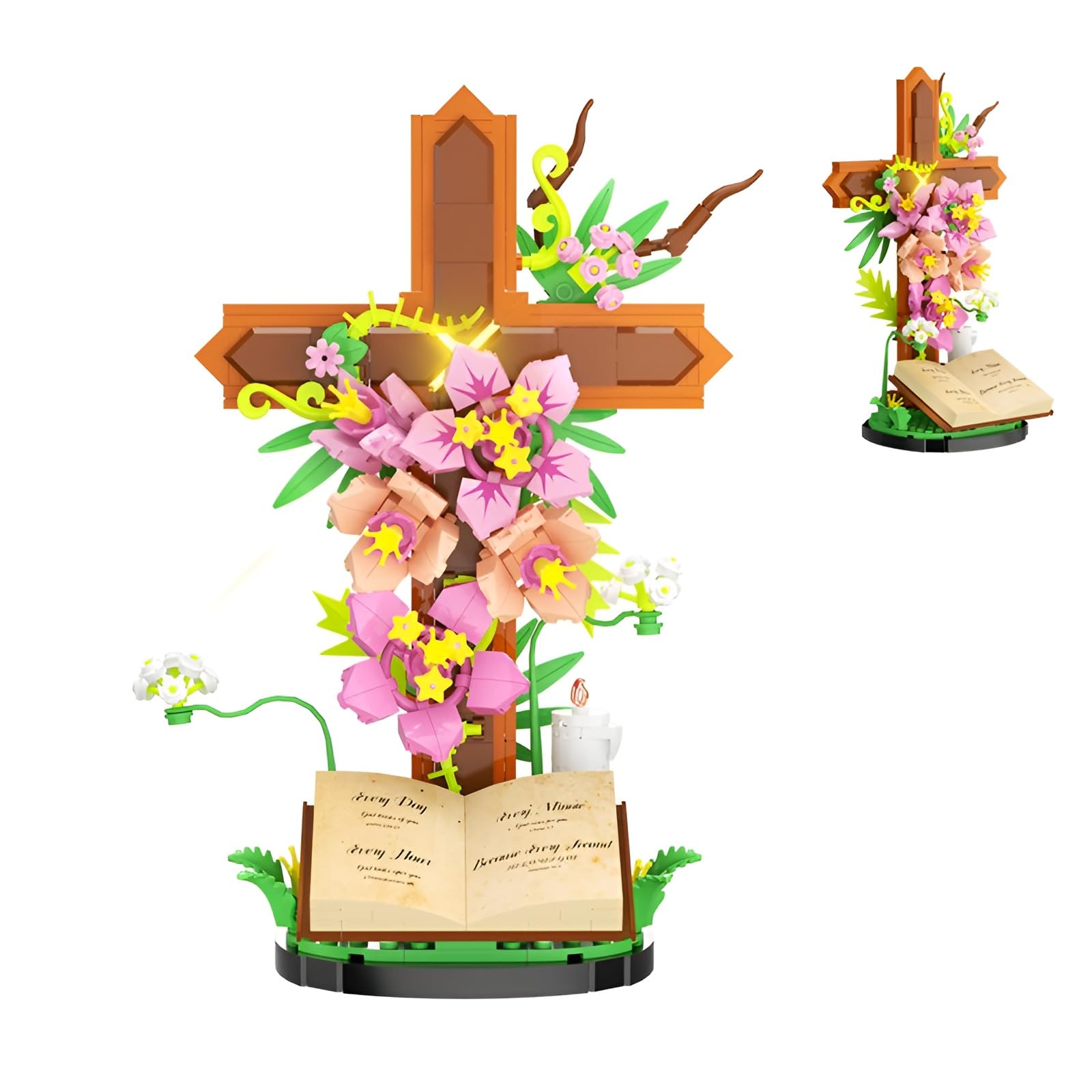 QuirkQuest The Cross Flower Building Block Set,Moc Faithful Blossoms Book DIY Model Toy, Easter Plant Series Religious Theme Building Bricks Kit for Home Decor, Suitable for Devout Adults-363PCS