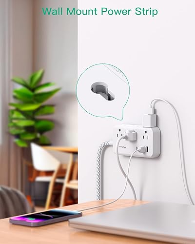 Miniatura 6 de Cable de extensión de 10 pies, cable largo de enchufe plano con múltiples tomas, 6 tomas de corriente y 4 USB (2 USB C) con protección contra