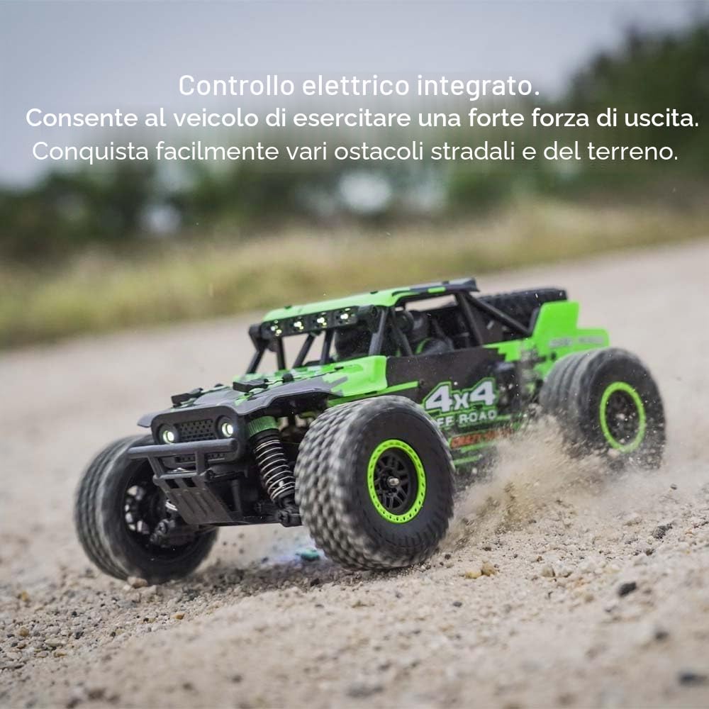 1/20 Auto telecomandata 4WD RC per adulti, motore a spazzole di carbone 40 KM/H RC MonsterTruck, 2,4 GHz fuoristrada auto da corsa fuoristrada, 3 pile (Verde)