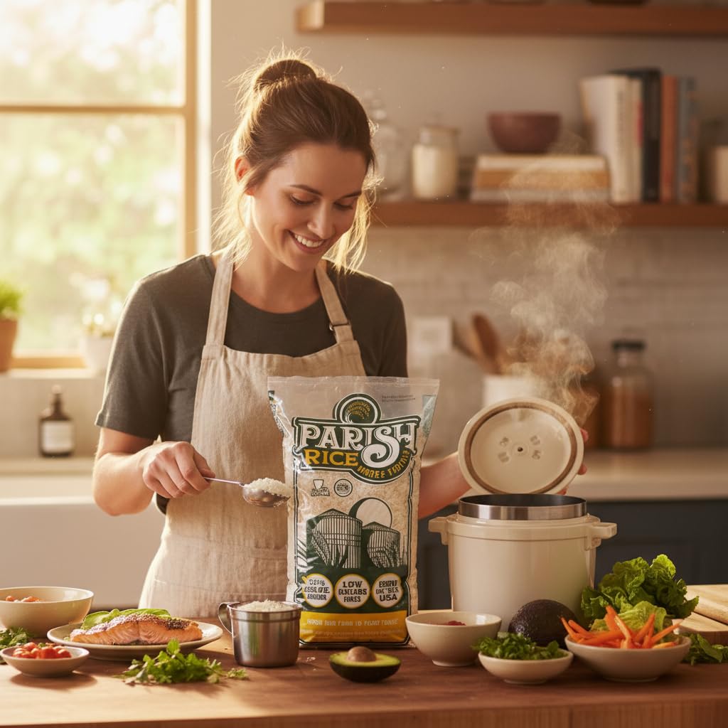Parish White Rice – High-Protein Rice with Low Glycemic Index – Locally Grown Long-Grain White Rice – Made in the USA – Rich Nutrient Content – Ideal for Curry, Desserts, Stir-Fry – 5lb Bag
