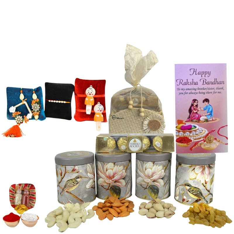 Image of NUTRI MIRACLE Rakhi Hamper for Sister with Healthy Dry Fruits and Chocolates | Corporate Thank You Box with Wellness Treats for Clients