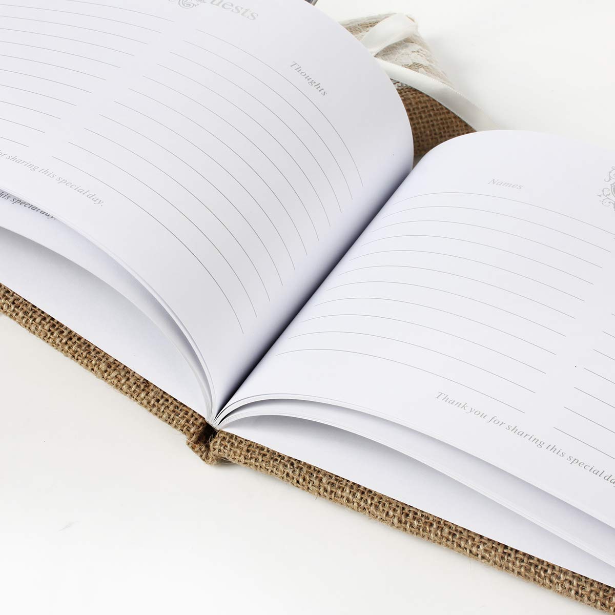 OnePlace Gifts - Set di libro degli ospiti e penna per matrimonio in juta e pizzo, 70 pagine a righe, memento speciale per la coppia (F
