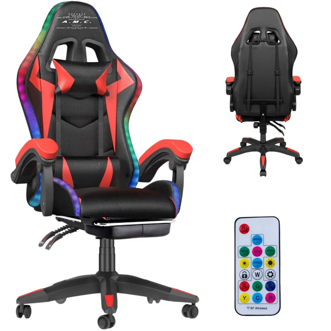 A.M.C. Sedia Gaming RGB con Luci LED E Sedia Ergonomica Poltrona Ufficio girevole, con rotelle, poggiatesta e cuscino lombare, Portata: 125kg con Schienale Alto in Pelle (ROSSO)