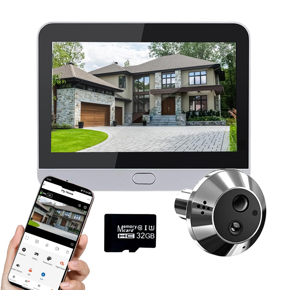 Mirilla digital A1 de audio bidireccional, con batería de 3,0 MP con MicroSD de 32 GB, Mirilla de vídeo inalámbrica con pantalla a color de 4,3 pulgadas, cámara de puerta, ángulo de 140°, detección de