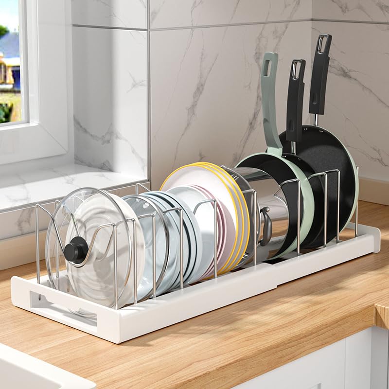 BRAVECOW Pan Lid Organizer 10 Adjustable Dividers ​Expandable Pot Lid Rack Storage Kitchen Drain Rack for Pots Pans Bakeware Drawer Cupboard​ (White)