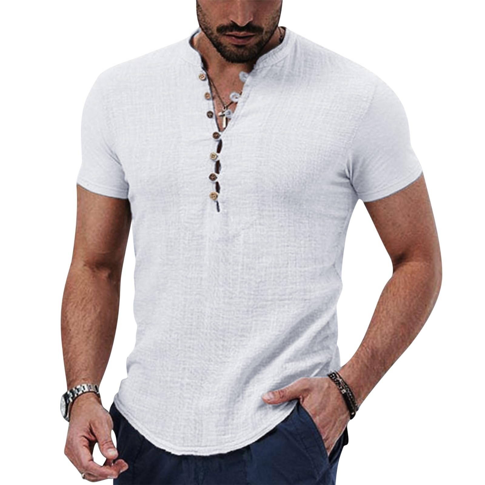Puimentiua Leinenhemd Herren,Hemd Kurzarm,Sommer Kurzarmhemd,Regular Fit Sommerhemd mit Stehkragen und Knöpfen (S-3XL)