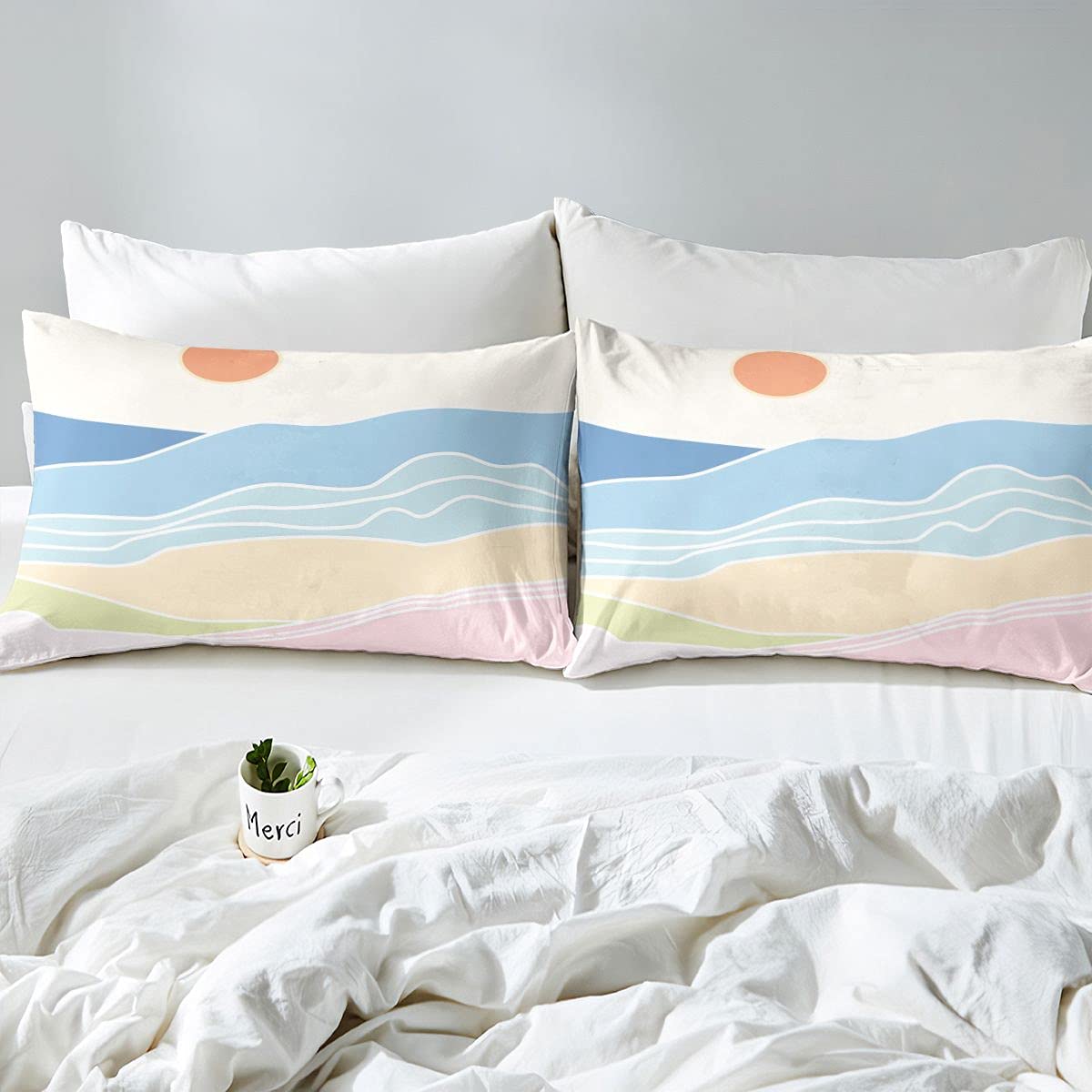 Loussiesd Juego de ropa de cama abstracta colorido sol océano para niñas niños niños mar olas pintadas ropa de cama y lino naturaleza paisajes funda de edredón Super King 3 piezas ropa de cama