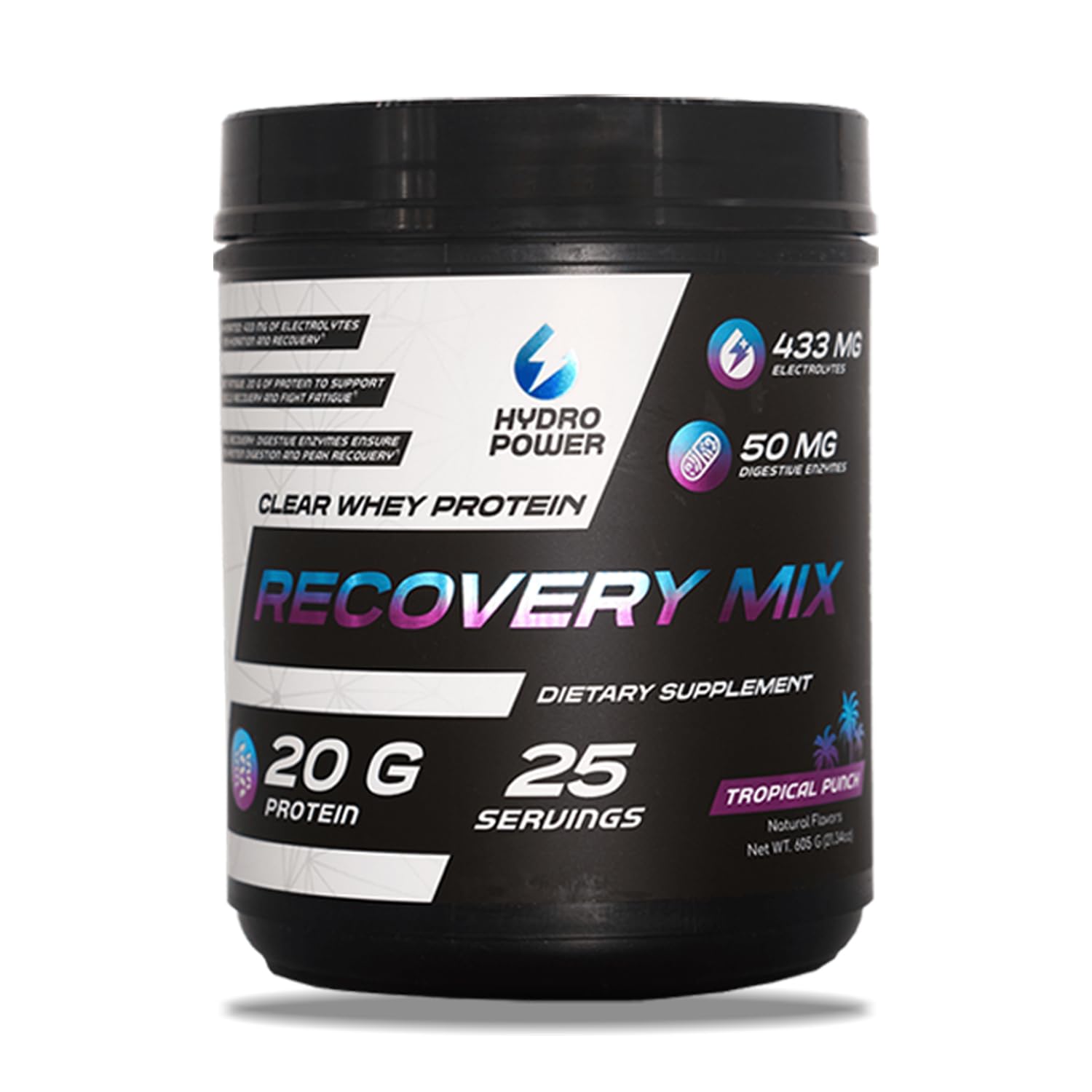 Hydro Power Clear Whey Protein Recovery Mix - Sabor a ponche tropical - 433 mg de electrolitos y 20 g de proteína - Mejora el rendimiento y la recuperación - Suplemento dietético para hombres y mujeres - 25 porciones
