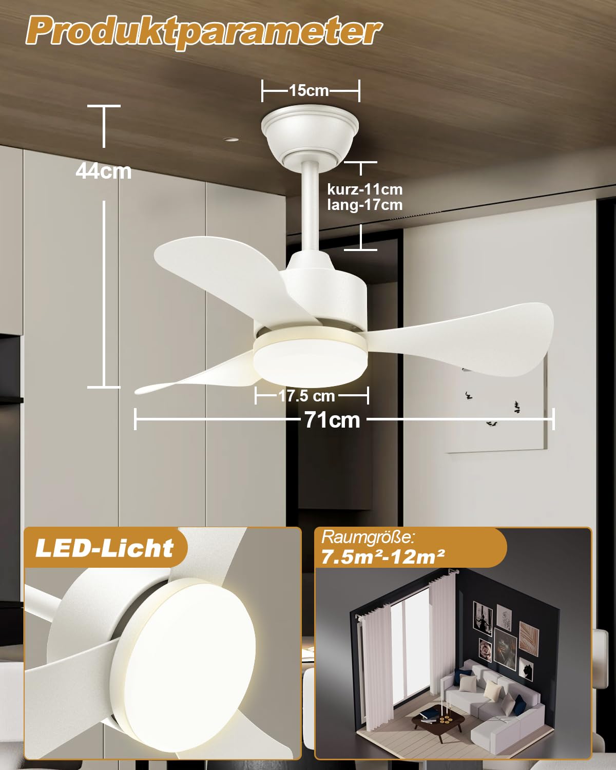 Airwit 71cm Deckenventilator mit Beleuchtung und Fernbedienung, Ø71cm Leise Deckenventilator mit Licht, Klein Lampe mit Ventilator für Schlafzimmer, Wohnzimmer, Kinderzimmer, Umkehrbaren DC Motor