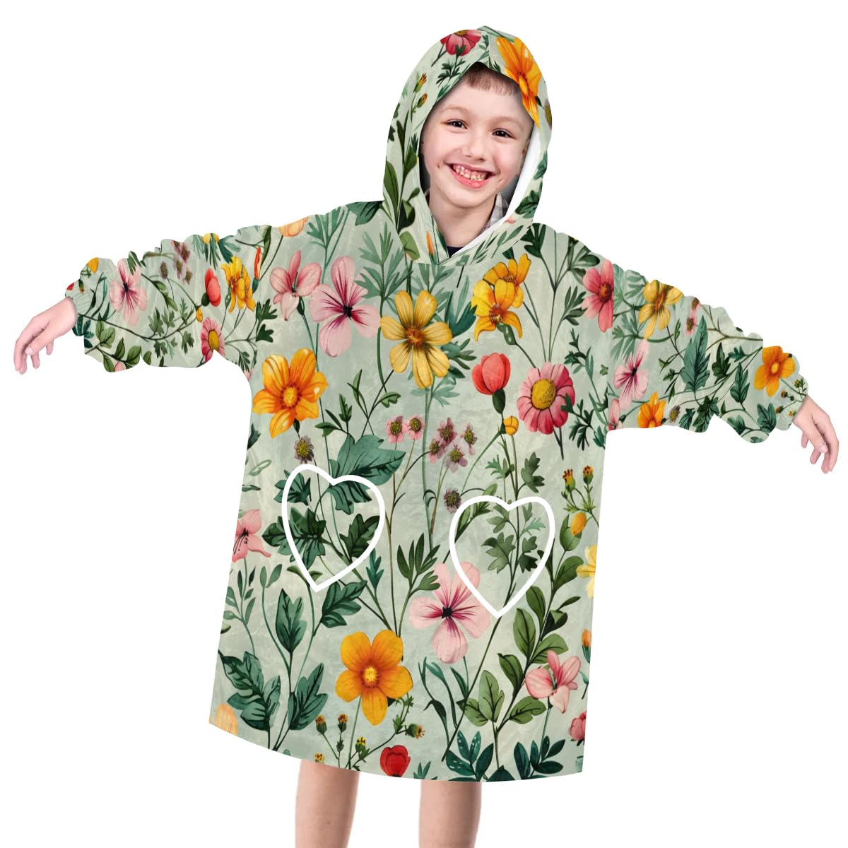 Wearable Blanket Hoodie for Kids, Cartoon Flowers Fleece Sweatshirt Blanket Oversized Blanket Sweatshirt with Pocket Flannel Warm Hooded Blanket 6-10 Year Old Girl Boy Gift, One Size