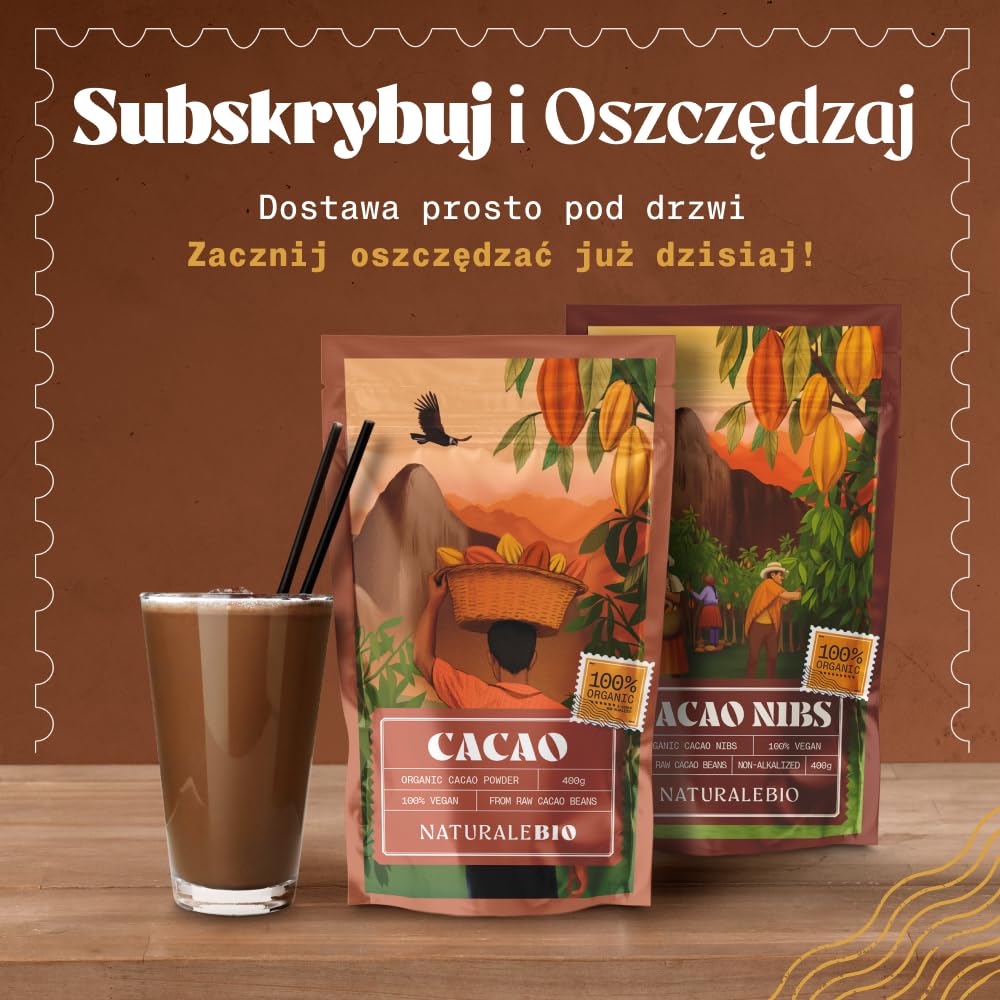 NaturaleBio Bio Surowe Kakao w Proszku Niealkalizowane | 1 kg. Kakao bez cukru, niealkalizowane i testowane na metale ciężkie, do smoothie, pieczenia i napojów.