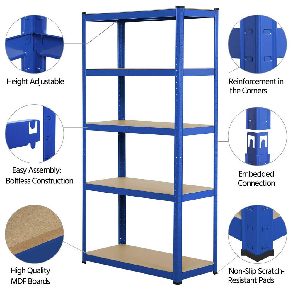 Estantería Metálica - 170cm x 75cm x 30cm - 5 Niveles Estanterías Para Garaje - Estantería Almacenaje Para Garaje, Cocina, Oficina, Taller - Capacidad de 875 kg (175 kg por Estante)