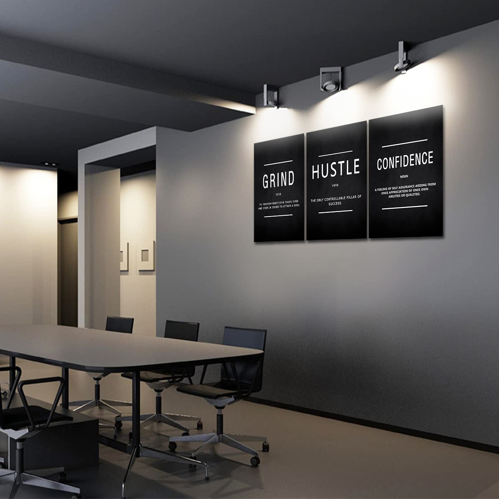 KAWAHONE Stampa artistica da parete motivazionale su tela, con scritta "Grind" Hustle Confidence, decorazione da parete incorniciata con citazioni motivazionali, per ufficio, posto di lavoro, pronta