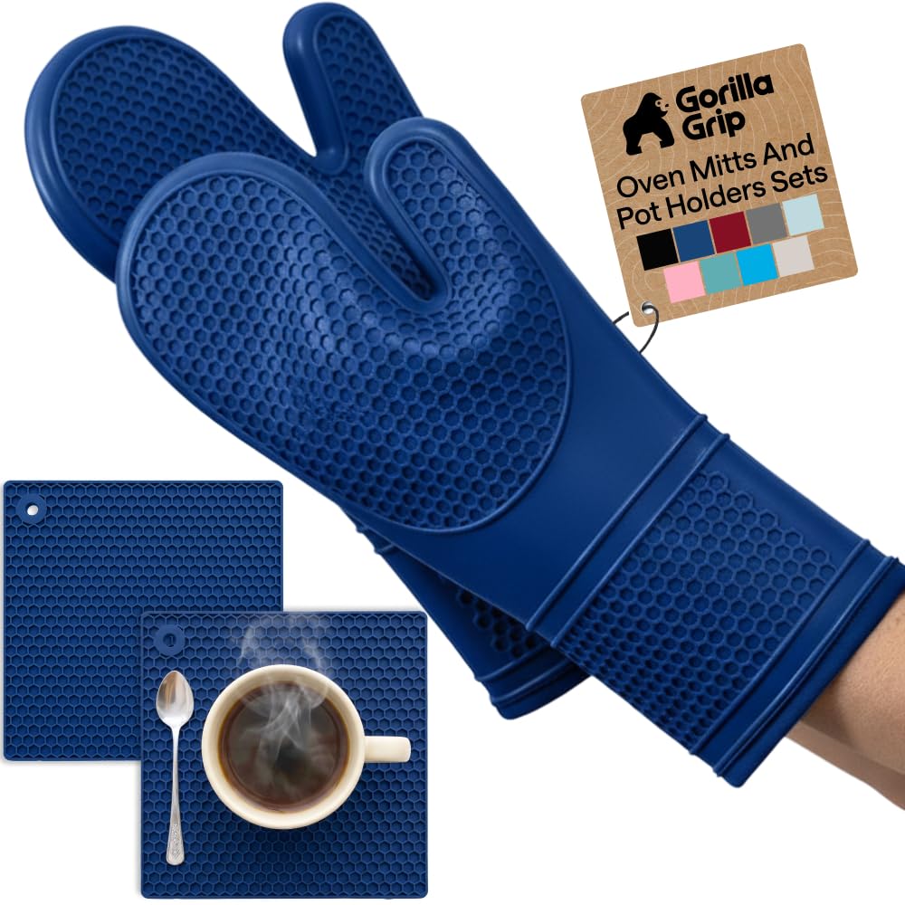 GORILLA GRIP BPA-Free Silicone Oven Mitts and Pot Holders Set, Blue