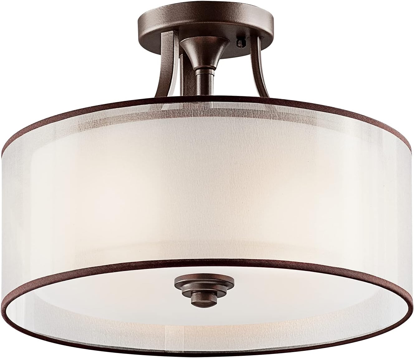 Kichler Lacey 15" 3 Light Semi Flush with Satin Etched Cased Opal Inner Diffusers and Light Umber Translucent Organza Outer Shade in Mission Bronze