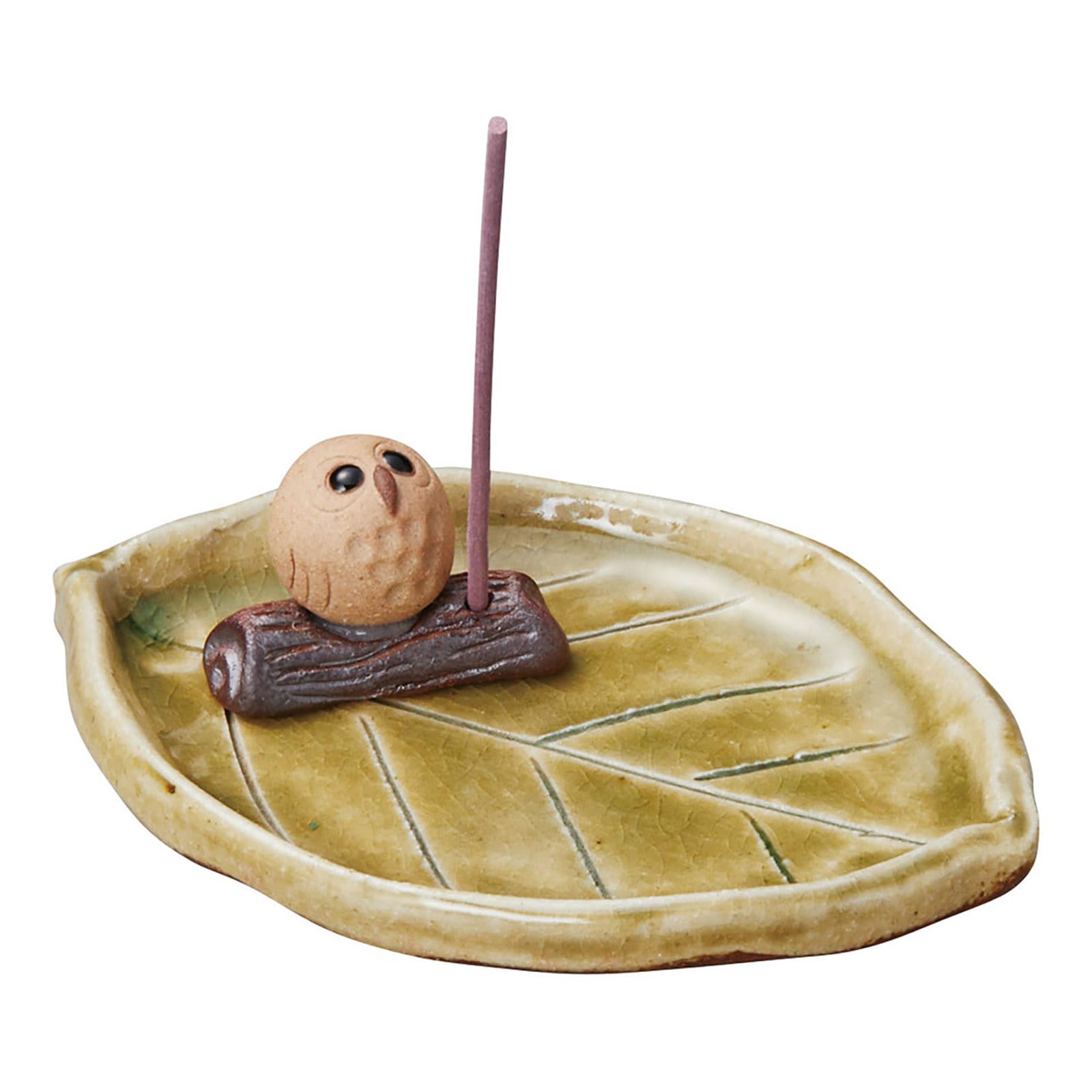 Shigaraki Ware Owl Incense Holder Mini Plate Green Leaf Ceramic Japan