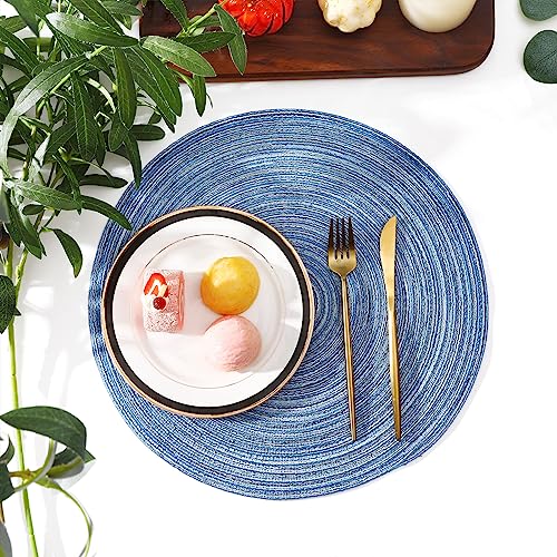 Image of SHACOS Round Braided Placemats Set of 12 Circle Place Mats Cotton Polyester Kitchen Table Mats for Dining Table Wedding Party Decor (Blue Gray, 12)