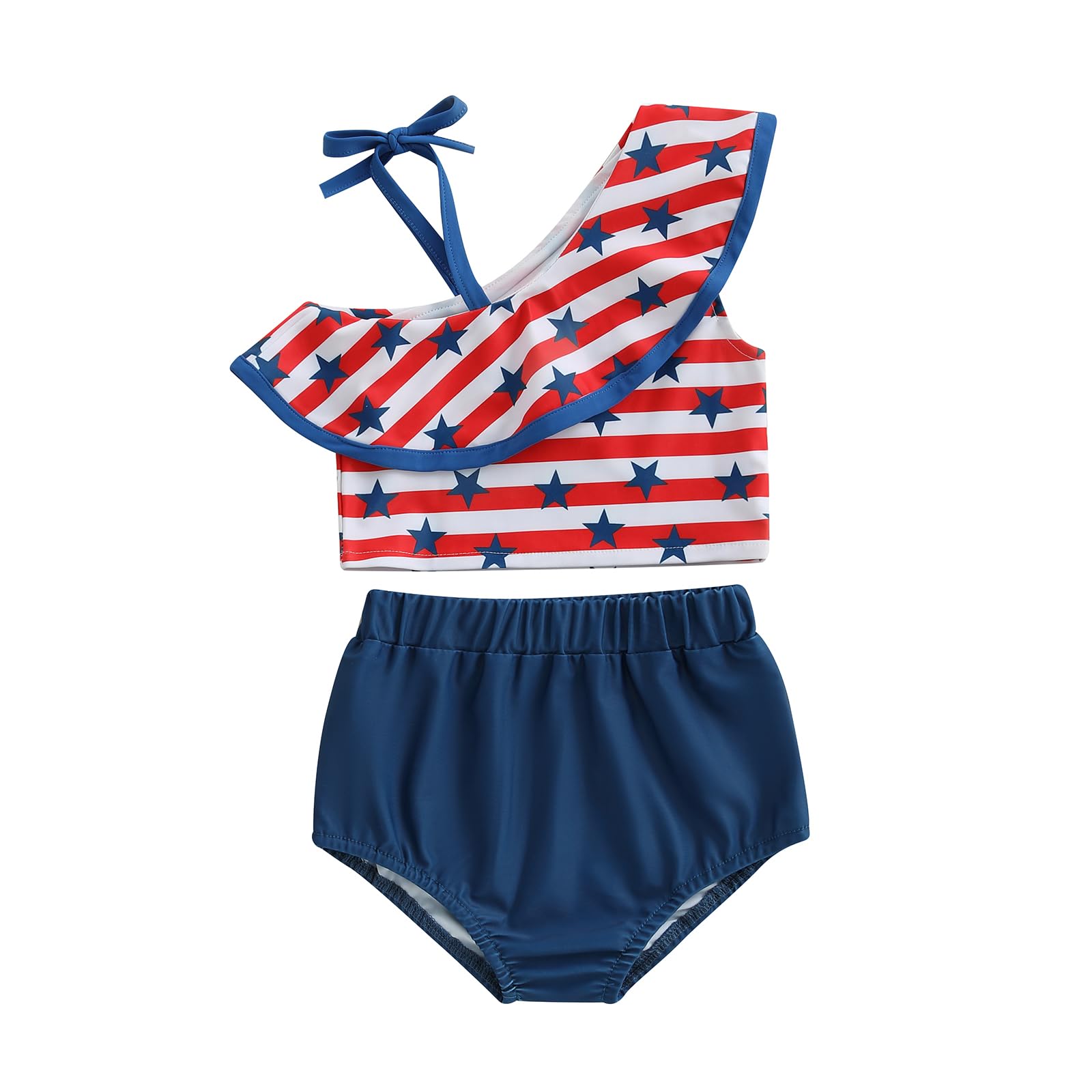 Mobbdow Toddler Baby Girl 4th of July Bathing Suit Two Piece Swimsuit Bikini One Shoulder Ruffle Tops Bottoms Swimwear Set (US, Age, 2 Years, 3 Years, Blue)