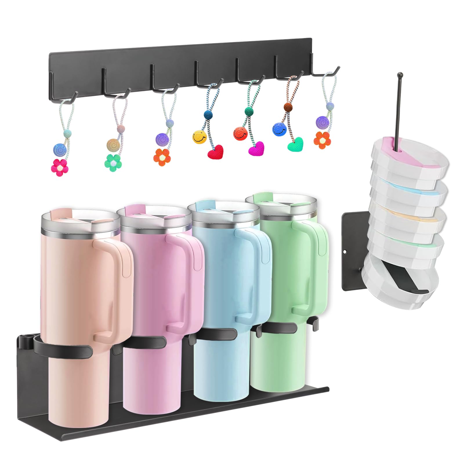 Juego de 3 soportes magnéticos para almacenamiento de tazas, portavasos magnético para nevera con organizador de tapa de vaso y ganchos para tazas S-TANLEY de 20 onzas, 30 onzas, 40 onzas, organizador
