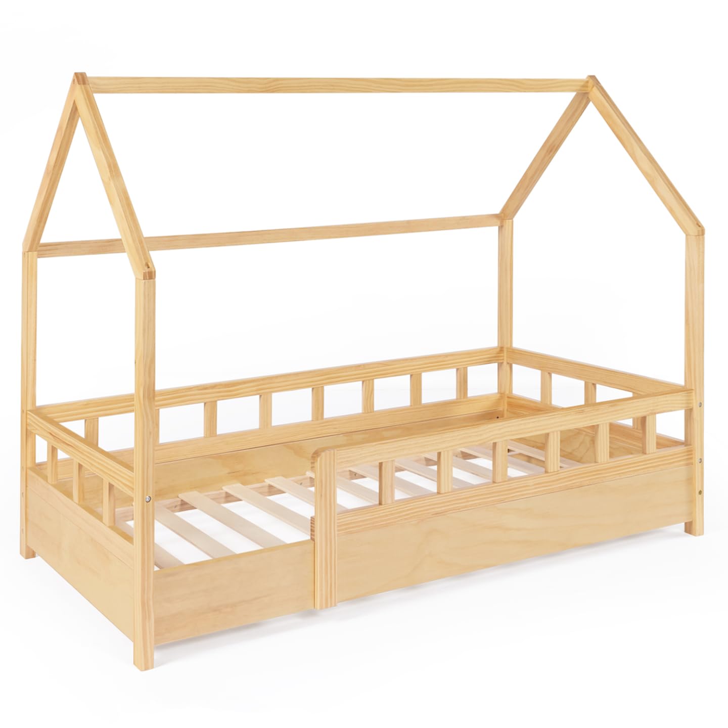 IDMarket - Lit cabane Enfant 80 x 160 CM NEREE Bois avec sommier et barrières