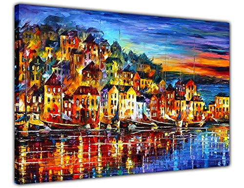 Licenza ufficiale da Leonid Afremov numero AT54378D: LEONID AFREMOV: Small Quite Town, stampata su tela, tesa e avvolta su una cornice in legno di pino.