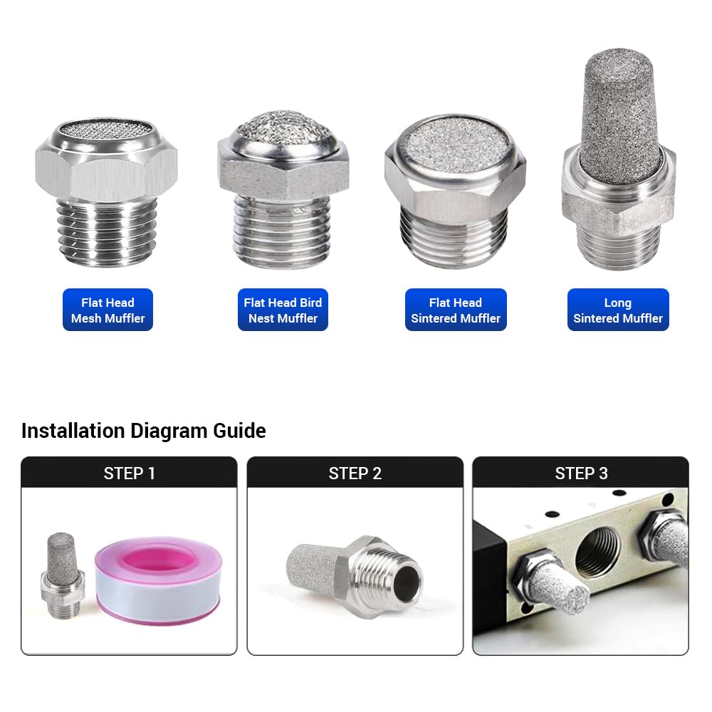 Silenziatori pneumatici PT 1/2" in acciaio inox 304 per compressori, 3 pezzi
