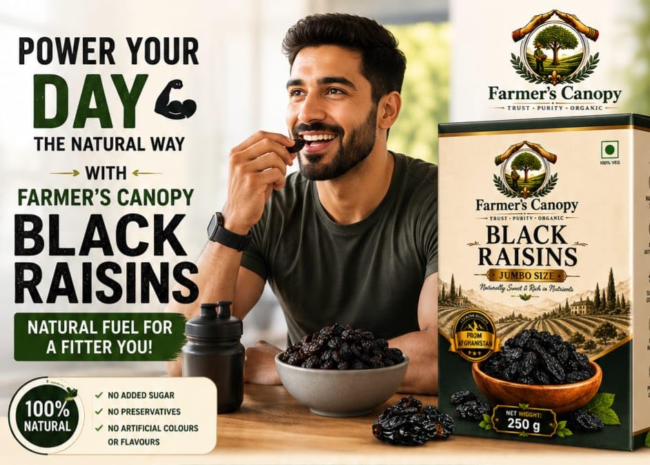 Image of Farmer's Canopy Black Seedless Raisins Jumbo Size 250g | Premium Afghan Black Kishmish | Naturally Sweet Sun-Dried Raisins | Rich in Antioxidants | Healthy Snack for Kids & Adults | No Added Sugar